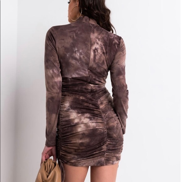 Long sleeve side ruched tie-dye dress Lined cotton - Picture 4 of 5